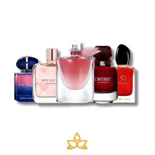 Combo 5 perfumes My way,Irrestible,La vie est belle intense, L'interdit y Si passione